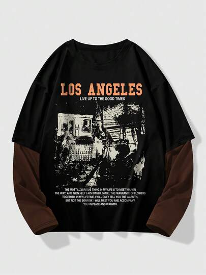 Street Life قميص كاجوال بياقة دائرية وطباعة شعار، أكمام طويلة 2 في 1 للرجال