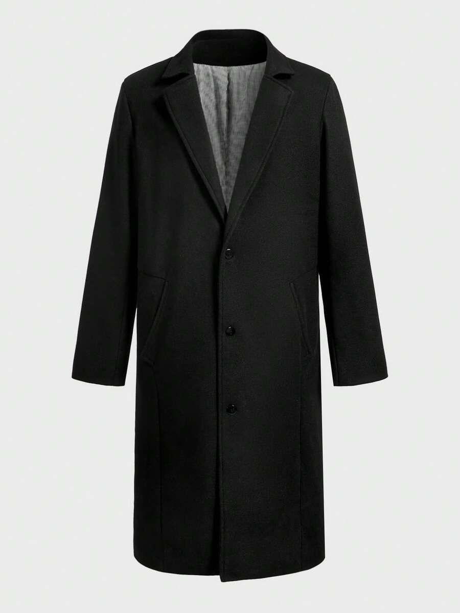 Manfinity Mode 男士纯色翻领单排扣长款大衣，秋冬 - 黑色 - 查看 1