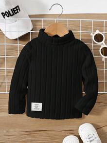 Baby Boy/Girl Basic High Neck High Elasticity Ribbed Brushed Thermal Fitted Long Sleeve Top, Suitable For Winter Layering - Black - View 2