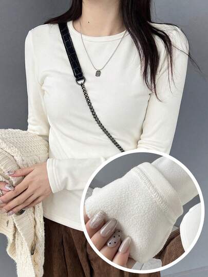FRIFUL 女士纯色圆领插肩长袖保暖简约抓绒T恤
