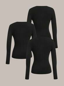 SHEIN EZwear 3件套女士保暖内衬深V领修身休闲长袖T恤套装 - 黑色 - 查看 2