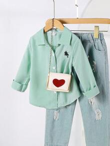 SHEIN 1 件女童翻领长袖纽扣条纹衬衫，正面绣有图案，秋季休闲上衣 - 綠色 - 查看 3