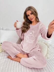 Bộ đồ ngủ mùa đông ấm áp, chất liệu flannel, gồm áo dài tay và quần, họa tiết gấu. - Màu Hồng  San hô - Xem 4