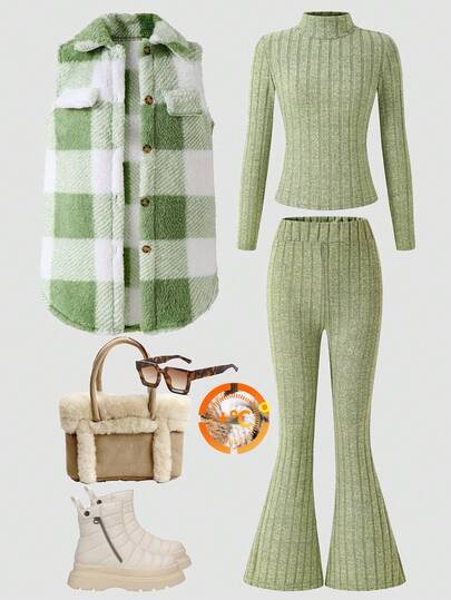 SHEIN Conjunto de 3 piezas: Suéter ajustado color caqui + Pantalones casuales de cintura alta acampanados a juego + Cárdigan largo con solapa a cuadros, bolsillo y botones, adecuado para actividades al aire libre, para niñas