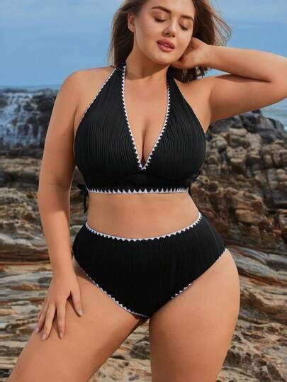Swim Lushoire 大码女式特殊面料波浪纹白色花卉两件式泳衣，性感深V领，可调节领带，适合泳池、海滩、度假、海边等场合。