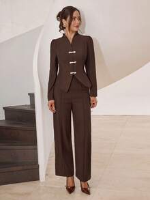 Modelyn 女士长袖衬衫和裤子优雅两件套 - 咖啡棕 - 查看 7