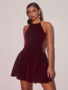 Glamine 优雅简约勃艮第红针织无袖褶饰女式连衣裙，适合宴会、茶会