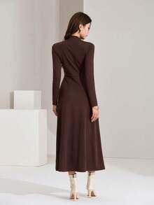 Heiryn Đầm suông cổ đứng tay dài thanh lịch màu trơn dành cho nữ - Cà phê nâu - Xem 7