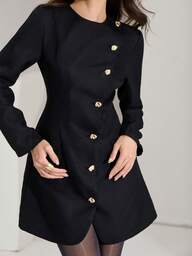 Heiryn Vestido mini de moda de manga larga con cuello redondo y cierre de un solo botón de metal de unicolor para mujer