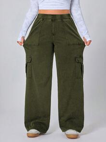 SHEIN Essnce Plus Size Plain Simple Casual Jeans - Army Green - View 7