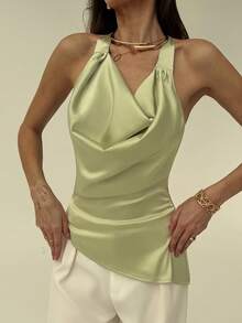 Aloruh Áo ba lỗ nữ satin cổ cao viền bất đối xứng màu xanh lá cây nhạt tối giản - màu xanh lá - Xem 8