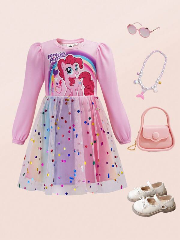 My Little Pony X SHEIN Vestido de niña joven con estampado de arcoíris dulce y soñador, cuello redondo, mangas abultadas y contraste de lunares de malla