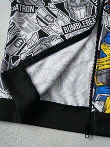 Transformers X SHEIN 男童印花拉链落肩宽松连帽外套，秋冬款 - 黑與白 - 查看 8