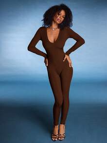 Normani Ladies' Deep V-Neck Solid Color Unitards For Summer Fall Cloth For Women - Coffee Brown - View 5