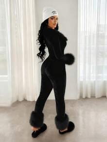 SHEIN SXY Plus Size Black High Elasticity Knitted Patchwork Faux Fur Long Sleeve Long Tight Jumpsuit,Autumn/Winter,Sexy,Casual,Street Wear,Modest,Formal Fall - Black - View 3