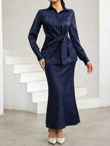 Veilorie Women's Long Sleeve Button Waist Twist Blouse And Fish Tail Midi Skirt Elegant 2 Pieces Set - Navy Blue - View 5