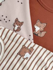 Loomiva 3pcs Baby Boy Cartoon Bear Pattern Knitted Soft Crew Neck Long Sleeve Bodysuit Set Fox Print Baby Clothes Baby Unisex Clothes Sets Baby Long Sleeve Shirt 3 Pieces Set For Baby - Multicolor - View 4