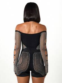 SUMWON WOMEN Off Shoulder Lace Mesh Jumpsuit With Cutout Details Long Sleeve Romper For Party Club - Black - View 2