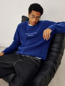 STEELVANCE 男士休闲标语刺绣圆领长袖毛衣，秋冬款 - 藍色 - 查看 3