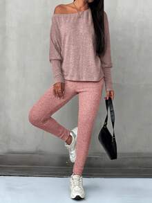 EMERY ROSE Women's Solid Color Batwing Sleeve Top And Pants Casual 2 Pieces Set - Pink - View 4