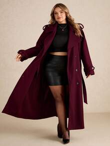 SHEIN CURVE+ 大码女式酒红色长袖简约前开襟纽扣长款外套，休闲日常复古酒红色长款羊毛外套，冬季保暖加厚镂空设计，适合感恩节、万圣节、圣诞节、秋季等各种场合穿着。 - 酒紅色 - 查看 8