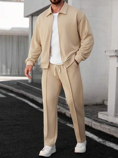 Manfinity CasualCool 男士纯色拉链前开襟夹克和抽绳腰带裤休闲套装