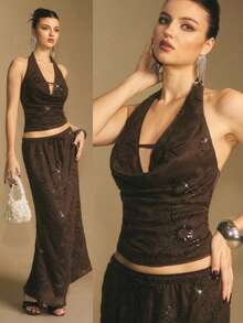 Poéselle 女式低胸亮片设计性感短款露背衬衫