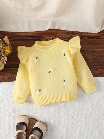 SHEIN Vintaside Kids Suéter de manga larga tejido para niñas bebé, verde versátil y verde claro, diseño elegante de manga corta bordada, adecuado para otoño/invierno, uso diario, escuela, hogar, exterior, viaje