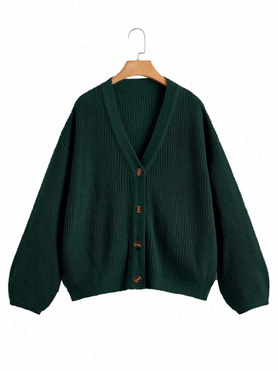 Chiquease White Lantern Sleeve Button Front Ribbed Loose Knit Cardigan, Spring/Summer - Green - View 1