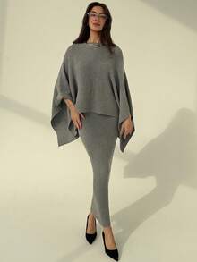 Aloruh 一套女士优雅圆领披肩毛衣+低腰罗纹紧身裙 - 深灰色 - 查看 8