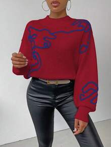 SHEIN LUNE 女士休闲 3D 图案毛衣，秋冬 - 酒紅色 - 查看 3