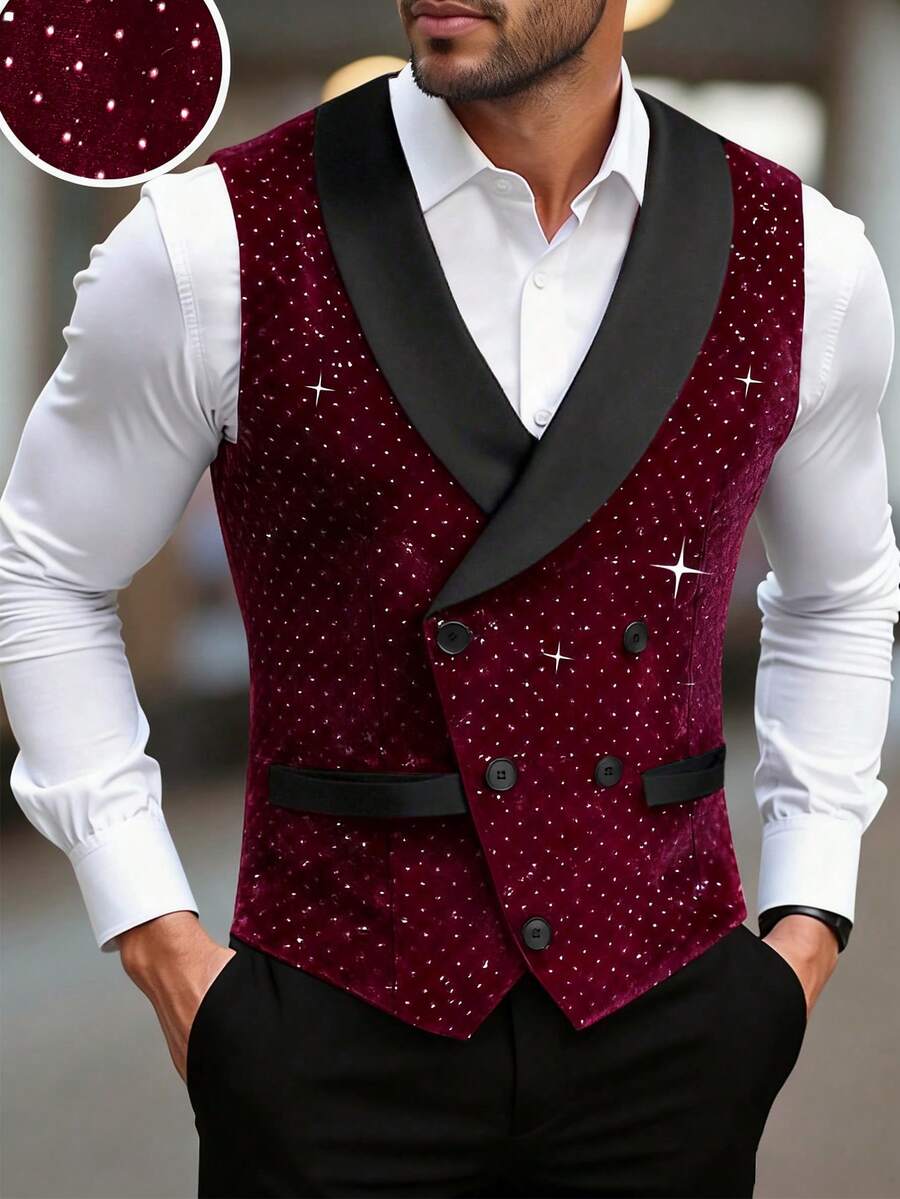 Manfinity AFTRDRK Men's Business Casual Luxury Rhinestone Waistcoat, With Shawl Neck Design For More Stylish And Layered Look, Suitable For Daily Commute, Business, Party And Banquet Wear. This Vest Is An Indispensable Versatile Item In Men's Wardrobe, And A Great Gift For Boyfriend Or Husband Tuxedo Rhinestone Men Fancy Wedding Vest Red For Men Dressy - Burgundy - View 1