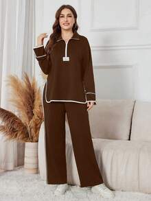 Modelyn Women's Black Stand Collar Half Zip Hoodie With Letter Patch, Loose Casual 2 Pieces Set, Suitable For Autumn/Winter - Brown - View 6