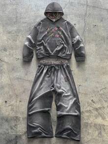 AXEPEAK Bộ áo nỉ trùm đầu và quần nỉ phong cách cổ điển dành cho nam, Thu/Đông - Xám - Xem 1