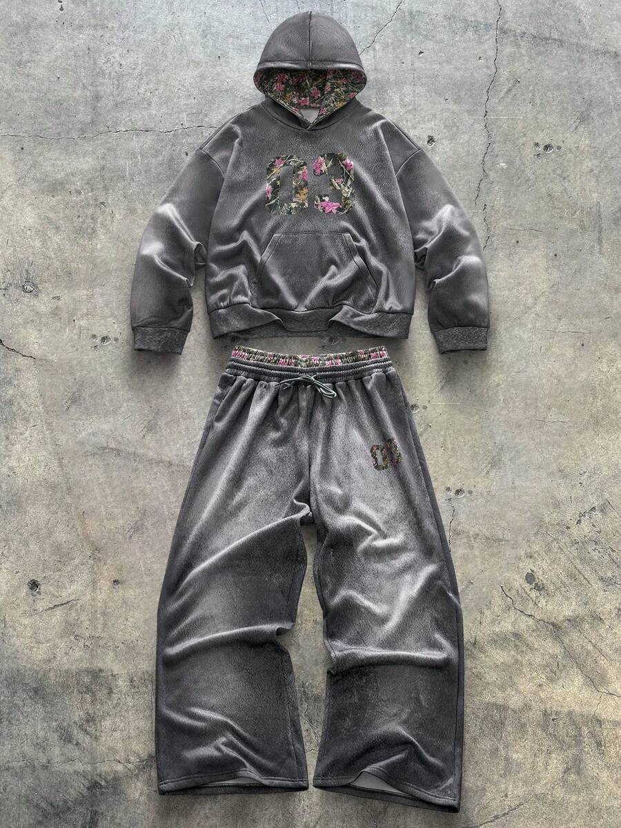 AXEPEAK Bộ áo nỉ trùm đầu và quần nỉ phong cách cổ điển dành cho nam, Thu/Đông - Xám - Xem 1