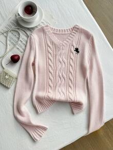 SHEIN Sparklyn 少女毛衣，粉色扭绳修身毛衣，粉色毛衣，刺绣小马图案毛衣，保暖、柔软、有弹性，适合居家、派对、万圣节、圣诞节、户外活动、学校穿着，可搭配圣诞派对礼服，也可搭配圣诞套头衫、浅粉色V领麻花针织毛衣、粉色针织短款毛衣、粉色长袖上衣 - 粉色 - 查看 5