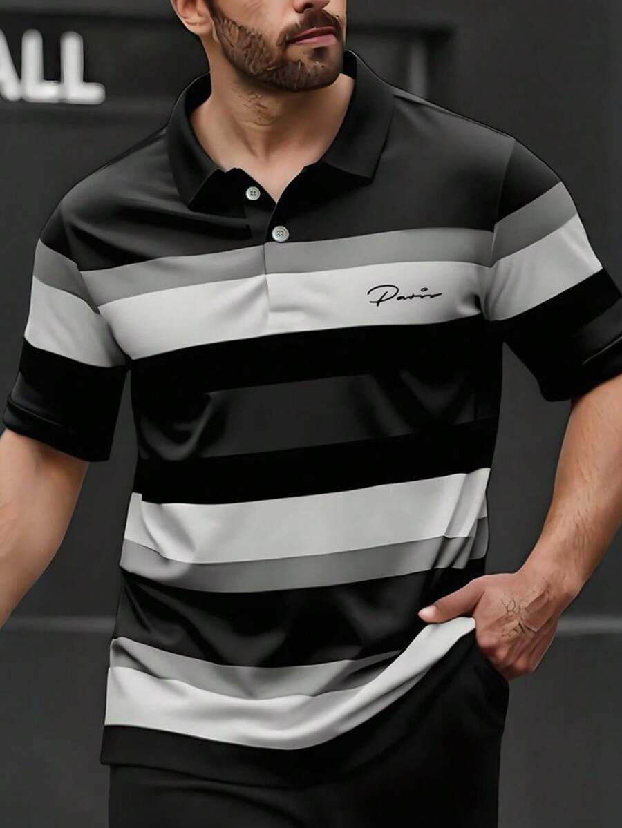 Manfinity Homme 黑灰撞色条纹加大码男士Polo衫，法式极简风格，时尚男士必备单品，适合休闲和商务场合，轻松展现精致格调。 - 彩色 - 查看 1