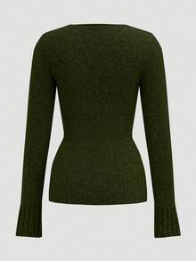 Attitoon Women's Casual V-Neck Fitted Sweater, Suitable For Autumn/Winter, Y2K, Vintage Style, Olive Green - Army Green - View 3