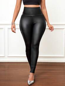 SHEIN Lady Women's Solid Color High Waist Splice Rhinestone Mesh PU Leather Leggings,Fall,Fall Clothes For Women,Winter Clothes For Women - Black - View 3