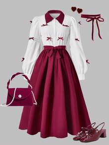 SHEIN Sparklyn 这款少女白色拼接上衣搭配酒红色蝴蝶结荷叶边袖长裙，简约百搭，时尚舒适，适合室内外穿着。它散发着甜美、复古、优雅和独特的魅力。面料厚度适中，无填充物，因此既适合日常穿着，也适合生日等特殊场合。 - 彩色 - 查看 8