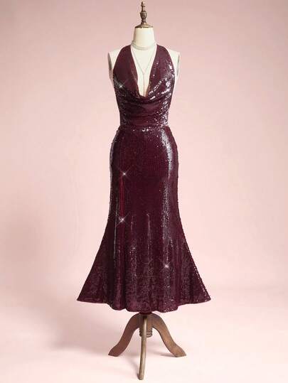 Women's Fashionable Sexy Sequin Plunging Neckline Mermaid Backless Dress