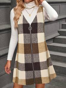 LanaWest Women's V-Neck Zipper Plaid Vest Dress, Autumn/Winter - Multicolor - View 4