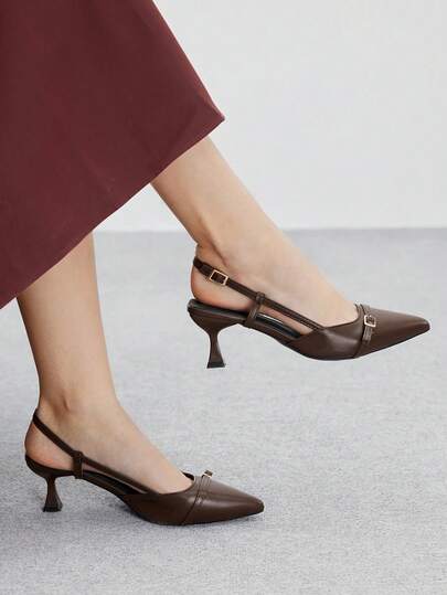 CUCCOO BIZCHIC أحذية كعب عالي نسائية بنقطة أمامية وكعب قطة بني مع حزام كاحل، أحذية عملية للارتداء اليومي والعمل مع حزام خلفي