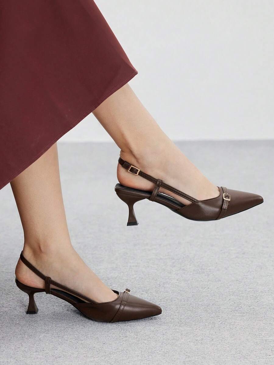 CUCCOO BIZCHIC 女士尖头小猫跟棕色踝带高跟鞋，百搭日常和工作穿着高跟鞋，带后绑带 - 棕色 - 查看 1