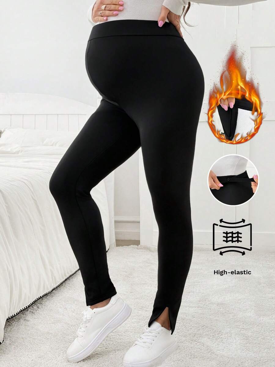SHEIN Maternity Solid Color Elastic Adjustable Waist Side Slit Ankle Length Leggings Maternity Leggings Pregnancy Pants Pregnancy Clothing Thermal Long - Black - View 1
