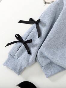 Young Girl Slogan Print Bow Decor Long Sleeve Sweatshirt And Pants Casual Outfit - Grey - View 3