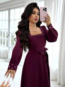 Rafferiza Damen Vintage Burgund Perlen Dekor Quadratischer Ausschnitt Puffärmel Taillengegürtet Knöchellang Kleid, geeignet für formelle Anlässe, Hochzeiten, Partys, Alltagstragen, Herbst/Winter