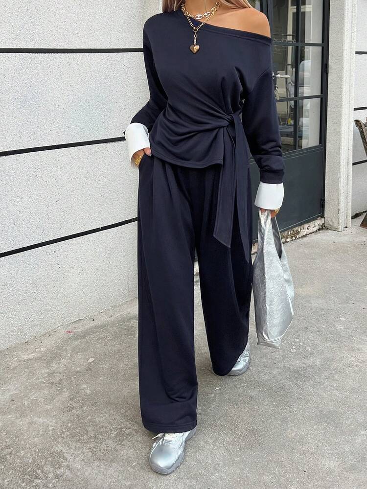 Women's Contrast Color Twist Waist Long Sleeve Top And Wide Leg Pants Casual 2 Pieces Set