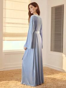 MOTF PREMIUM BLUE LACE PATCHWORK ARGYLE VELVET SLEEP SLIP DRESS & BELTED ROBE PAJAMA SET - Blue - View 7