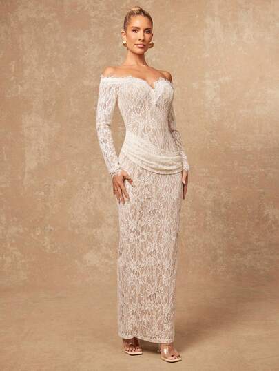 Lumalex Early Spring Off-Shoulder Lace Ruched Mermaid Hem Long Sleeve Dress For Women Luxury Prom Gathering Party Banquet Modest Old Money Coquette Glitter Holiday Party Rave Festival Outing Vacation Hot Outdoor Richly Layered Wedding Season Banquet Christmas New Year Looks Of Party Gala Night Party Dress For Autumn Early Spring